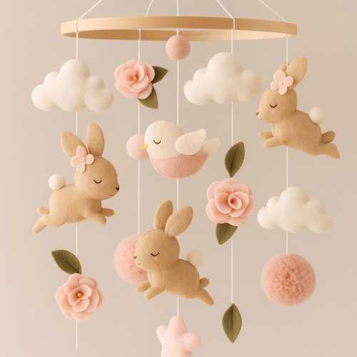 Mobile Crib Cheerful Woodland Girl Rabbits Baby Room Accessory Mobile Nursery Felt Rabbit Sky Baby Mobile Hanging Star Neutral Mobile