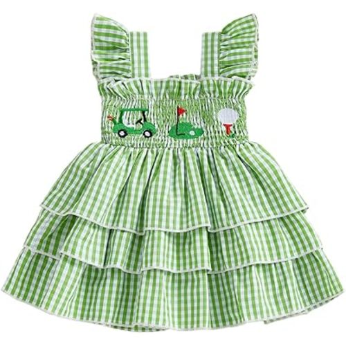 Toddler Girl Golf Outfit Golf Cart Embroidery Plaid Print Flutter Sleeve Tiered Ruffle Smocked Dress Summer Sundress