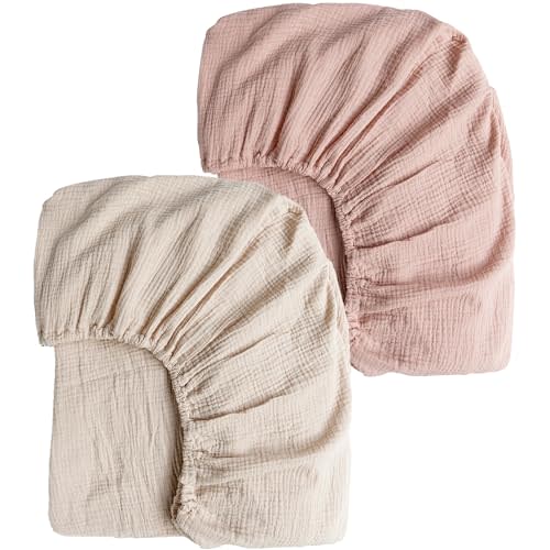 Konssy Muslin Fitted Crib Sheets 2 PCS 100% Cotton Baby Crib Sheets for Standard Crib Mattress (28"x 52"), Soft and Breathable for Boys, Girls (Pink, Cream)