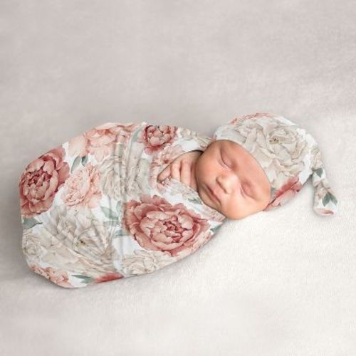 Sweet Jojo Designs Girl Baby Cocoon And Beanie Hat Swaddle Wrap Peony Floral Garden Pink And Ivory 2pc