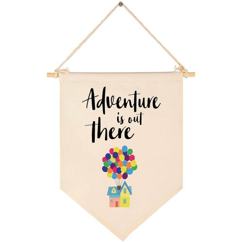 Adventure Is Out There -Canvas Hanging Flag Banner Wall Sign Decor Gift for Baby Kids Girl Boy Nursery Teen Room Front Door - Hydrogen Balloon, Travel Around the World