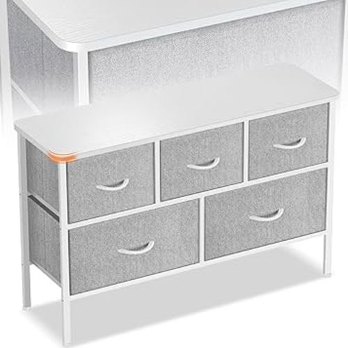 Curved Profile Dresser for Bedroom, Chest of Drawers, 5 Storage Drawers Organizer Unit, Black Dresser with Fabric Bins for Closet, Living Room, Kid Room (White)