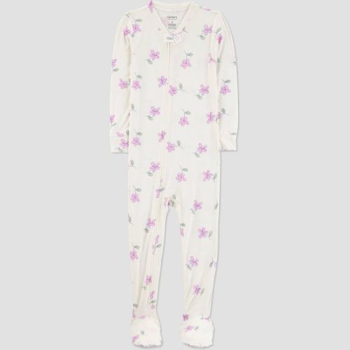 Carter's Just One You®️ Toddler Girls' Floral Comfy Soft Snug Fit Footed Pajama - Pink/White 12M: Heavyweight Jersey, Nonslip Grippers