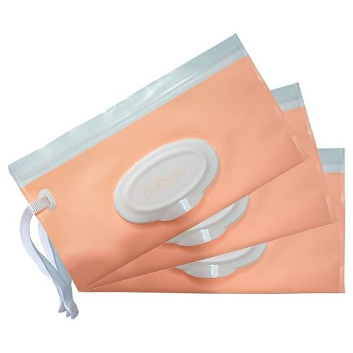 purifyou Portable Baby Wipe Case Travel Holder – Set of 3 Refillable Wipe Dispenser Pouches, Keeps Wipes Fresh & Moist, Lightweight, Durable, for Car, Diaper Bag, Stroller, Home & Travel (Pink)