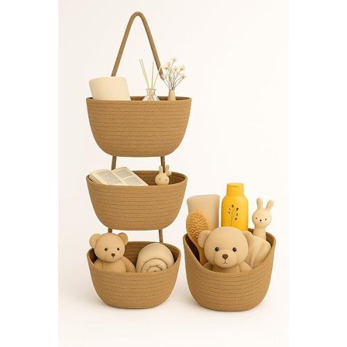 Japanese Handmade Cotton Rope Hanging Basket Organizer – 3 Tier Wall boho Storage Organizer for Toys , Snacks & Décor – Eco-Friendly Coiled Weaving Craft, Housewarming & Shower Gift (brown)