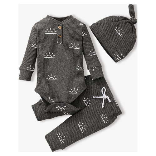 PatPat Newborn Baby Pajamas Boy Girl Clothes Cotton Ribbed Long Sleeve Romper and Pants Outfit Sets, 0-3 Months