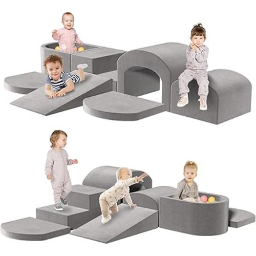 Indoor Toddler Climbing Toys with Foam Ball Pit, 7-Piece Foam Climbing Blocks for Toddlers, Inside Crawling & Sliding Soft Play Set for Toddlers