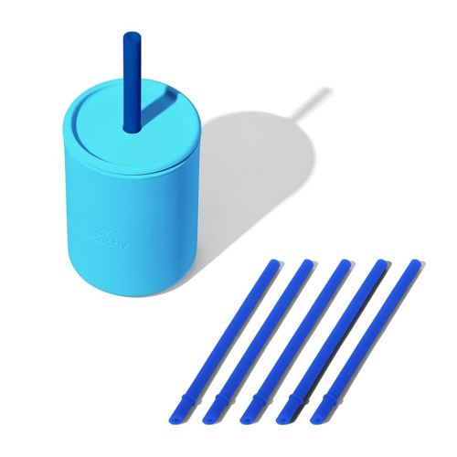 Avanchy Silicone Training Sippy Cup with Straw Lid – Tiny Cup for Babies 6+ Months to Toddlers 1 Year Old – 5 oz Infant Water Cup for Baby Led Weaning, Blue + 5 Reusable Straws