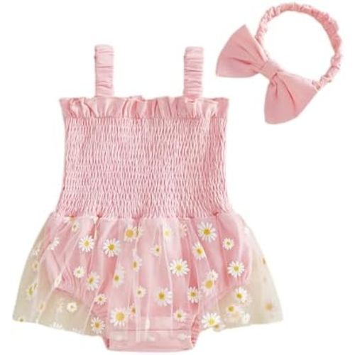 Sasaerucure Newborn Infant Baby Girl Summer Outfit Pink Romper Dress Lace Tutu Skirt Daisy Floral Onesie + Headband