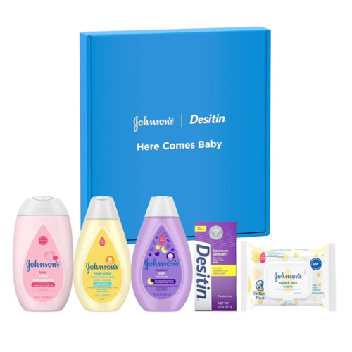 Johnson's Baby Here Comes Baby Gift Set, Baby Essentials for New Parents with Moisturizing Lotion, Bedtime Bath, Body Wash & Shampoo, Hand & Face Wipes, & Diaper Rash Cream, 5 Items