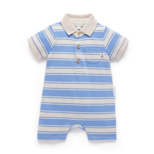 Purebaby Baby Boy Newborn-24 Months Short Sleeve Striped Polo Growsuit