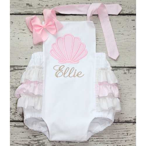 Monogrammed Seersucker Seashell Bubble: First Birthday Beach Outfit