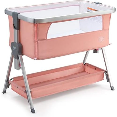 BABY JOY Bedside Bassinet, Portable Baby Crib w/Mattress, Two-Side Breathable Mesh, 7 Height Adjustable, Large Storage, Wheels for Easy Movement, Crib for Newborn Infant, Bassinet for Baby, Pink