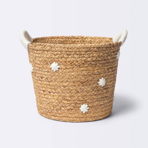 Braided Water Hyacinth With Tufted Embroidery Medium Round Storage Basket - Cloud Island™