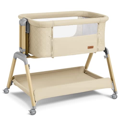 TotRun 3 in 1 Baby Bassinet, Rocking Bassinet with Storage Basket and Comfy Mattress, 5 Height Adjustable Easy Folding Portable Bedside Crib for Infant (Beige)