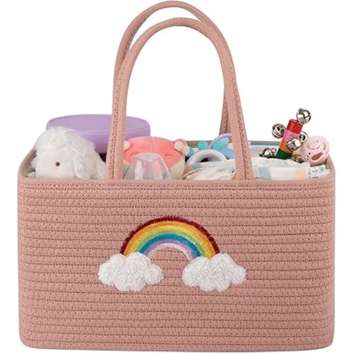OIAHOMY Large Baby Diaper Caddy Organizer, Portable Basket with Handles, Diaper Storage for Changing Table and Car, Rainbow-Rose Gold