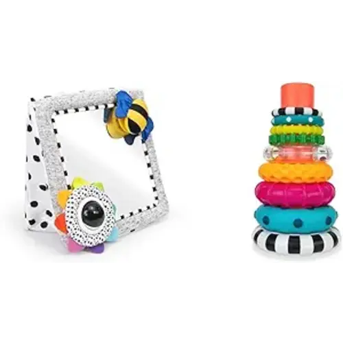 Sassy Tummy Time See Me Floor Mirror for Ages 0+ Months (80928) & Stacks of Circles Stacking Ring STEM Learning Toy, Age 6+ Months, Multi, 9 Piece Set - White - Mirror + Stacking Ring, 9 Piece Set
