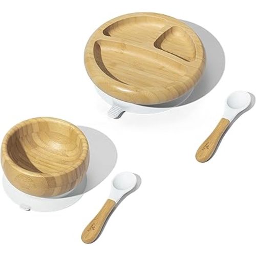 Avanchy Bamboo Baby Plate, Bowl & Spoons Set - Baby Cutlery - Bamboo Kids Bowl - BPA Free Bowl - Bamboo Kids Utensils - Bamboo Kids Bowl (White Essentials)