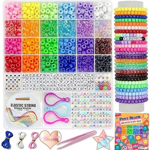 LIS HEGENSA Pony Beads Bulk,Kandi Beads for Necklace Jewelry Making Hair Braiding,Bracelets Making Kits,Hair Bead,Bracelet Beads,Plastic Beads for Crafts Braids Girls(24 Color,1000PCS)