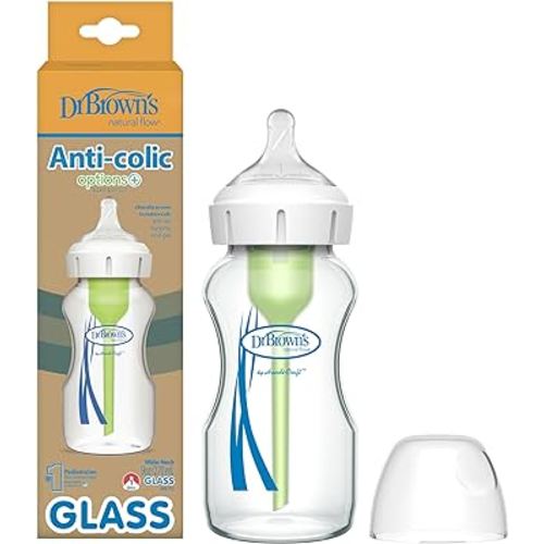 Dr. Brown's Natural Flow Anti-Colic Options+ Wide-Neck Glass Baby Bottle 9 oz/270 mL,with Level 1 Slow Flow Nipple,1 Pack,0m+