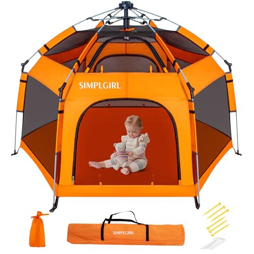 Premium Indoor and Outdoor Baby Playpen - Portable, Lightweight, Pop Up Pack and Play Toddler Play Yard w/Canopy and Travel Bag - Orange