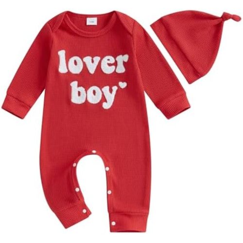 Lesimsam Newborn Infant Baby Boy Valentines Outfit Letter Embroidery Long Sleeve Waffle Knit Romper Jumpsuit with Hat