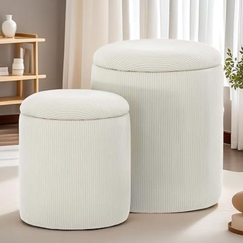 YSICK Round Ottoman with Storage, Set of 2, Small Vanity Stool as Vanity Chair, Corduroy Ottoman Foot Rest for Small Space, Living Room, Bedroom, Beige