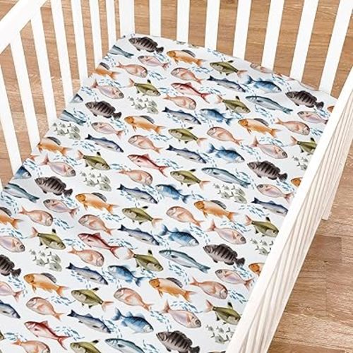 Freshwater Fishes Fitted Baby Crib Sheets for Girl Boy 52"x28" Watercolor Fish Crib Mattress Covers Fishing Lovers Gift Soft Breathable Baby Sheets for Standard Crib Mattress & Toddler Bed Mattress