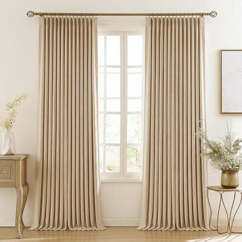 Lirien Pinch Pleated Blackout Curtains for Living Room Bedroom,100% Blackout Linen Textured Double Layer Drapes with Rings & Hooks,2 Panels Set,Oatmeal,45" W x 102" L