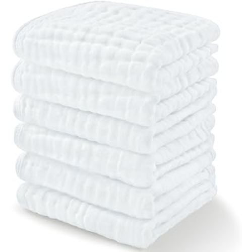 Baby Washcloths, Muslin Cotton Towels, Large 10”x10” Wash Cloths Soft on Sensitive Skin, Absorbent for Boys & Girls, Newborn Baby & Toddlers Essentials Shower Registry Gift (White, Pack of 6)