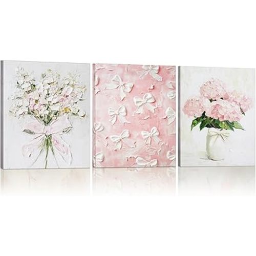 AmazingSpark 3 Pcs Pink Bow Flower Canvas Wall Decor Coquette Oil Painting Bow Wall Decor Print Trendy Preppy Cute Art with Framed for Spring Bedroom Bathroom Kitchen College 9.84 x 7.87 Inch