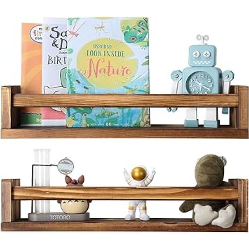Nursery Room Shelves Set of 2, Wood Floating Book Shelves for Kids Room, Baby Book Shelf for Nursery, Kitchen Spice Rack (Dark brown- 2 Pack)