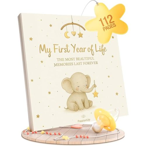 Baby Memory Book for Boy Girl with Extra Space for Favorite Photos - First Year Baby Book Keepsake with Themed and Monthly Sections - 8x8 in. - Lovely Gift for Parents and their Newborns