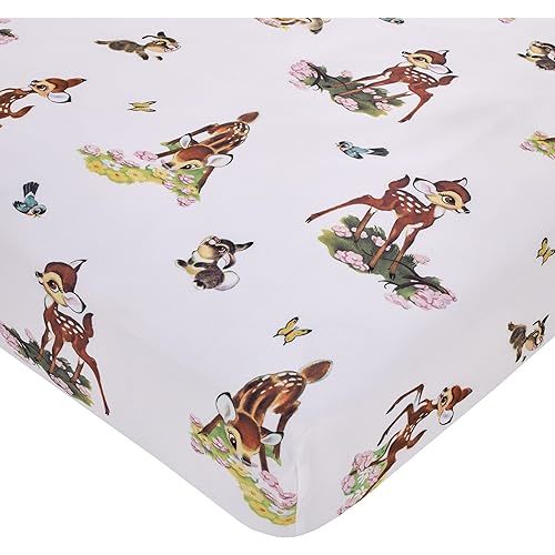 Disney Vintage Bambi - Tan, Green and White, Bambi and Thumper Floral Nursery Polyester Fitted Crib Sheet