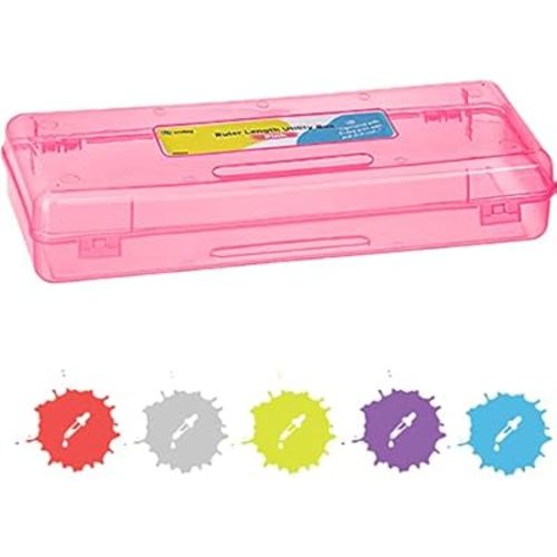 Enday Pencil Box Pink, Storage Organizer Utility Box, Multipurpose Long Ruler Length School Office Supplies Plastic Pencil Case for Kids & Adults Available in Red, Green, Grey, Purple, Blue, 1PK