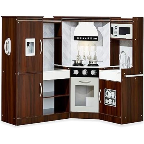 Best Choice Products Pretend Play Corner Kitchen, Ultimate Interactive Wooden Kids Playset w/Lights & Sounds, Ice Maker, Hood - Espresso