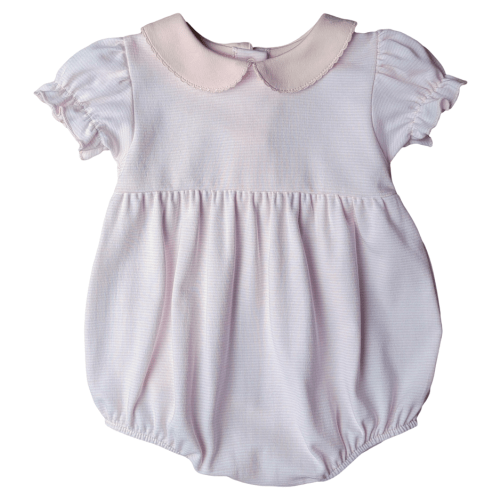 Girl's Short Sleeve Collared New Light Pink Thin Stripe Bubble