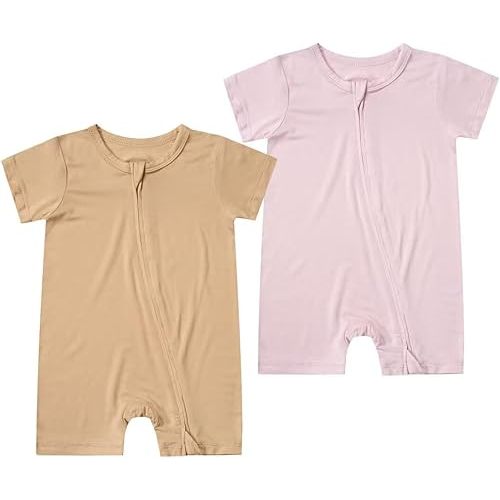 Teach Leanbh Unisex Baby 2 Pack Bamboo Viscose Pajamas Short Sleeve 2 Way Zipper Romper Jumpsuit Sleep and Play