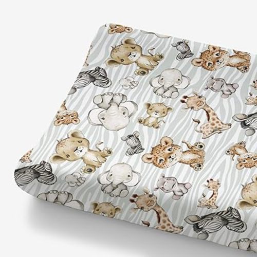 HawSkgFub African Safari Jungle Animals Changing Pad Cover Baby Girls Boys, Giraffe Elephant Leopard Lion Zebra Diaper Change Table Sheet, Soft Stretchy Safe Snug Fitted Changing Mat Fit 32"/34" x 16"