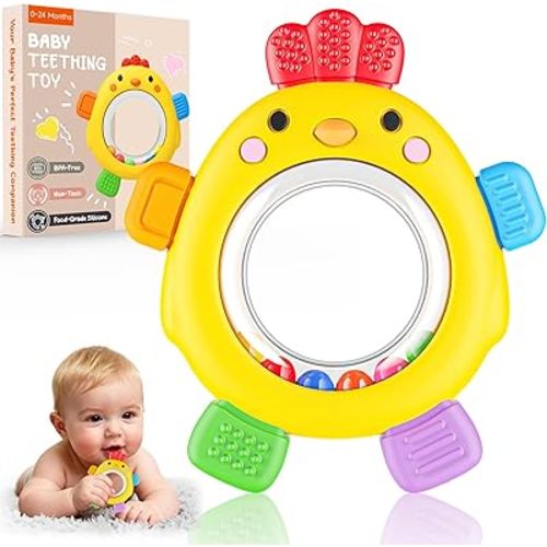Teething Rings with Rattle & Sensory Toy BPA Free Silicone Teethers for Babies 6-12 Months Baby Teething Relief Chew Toys for Infant Newborn, Babies Essential for Boys Girls 0-24 Months