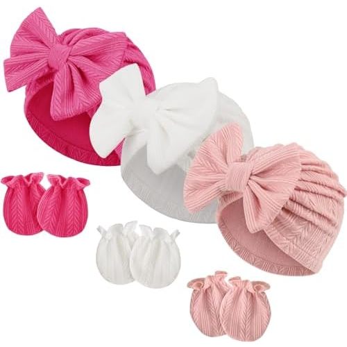 BQUBO Newborn Baby Hospital Hats Beanie Bow Infant Caps Baby Cotton No Scratch Mittens Set for 0-6 Months
