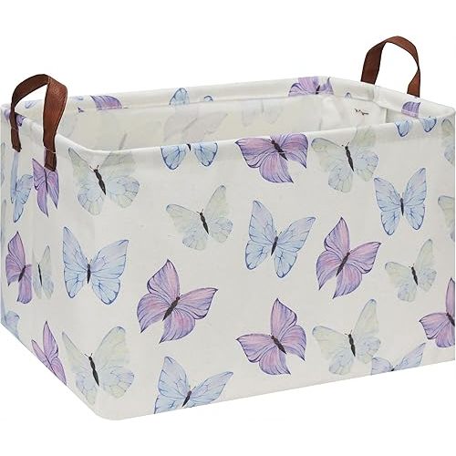 Rectangle Storage Basket with Handles, Collapsible Toys Bin, Books Box,Gift Basket(Blue & Purple Butterfly)
