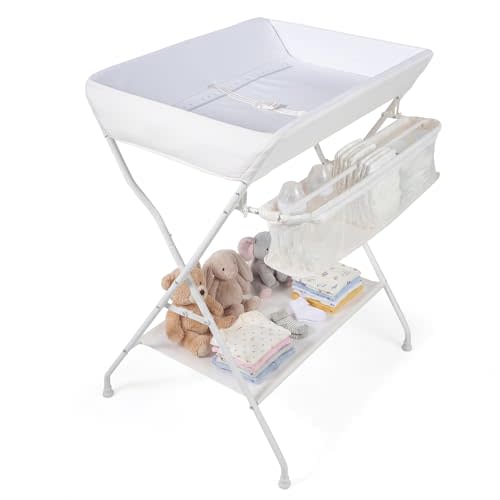 Costzon Changing Table, Portable Baby Changing Table Foldable Diaper Changing Station with Safety Belt, Large Storage Rack & Shelf, Nursery Organizer for Newborn Infant (Beige)