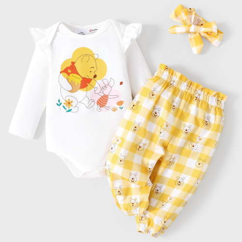 Disney Baby Clothes 3pcs Winnie the Pooh Graphic Romper Bodysuit Pants Outfit Set with Headband Shower Gifts Newborn Infant