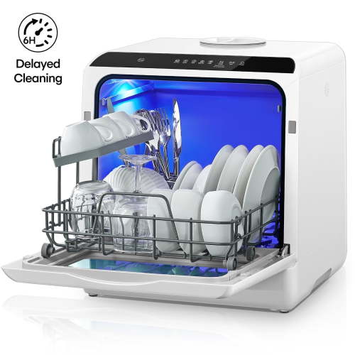 FOHERE Countertop Dishwasher with 6H Delay Cleaning, Portable Dishwasher w/5L Built-in Water Tank, 6 Programs, 360°Dual Spray, High-Temp