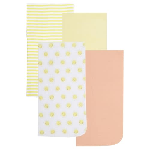 EVERYDAY KIDS 4 Pack of Soft Flannel Receiving Baby Blanket Set for Girls and Boys; Yellow and Peach Orange Baby Swaddle Blankets with Smiling Sun Designs for Newborn Baby Girl or Boy Nursery
