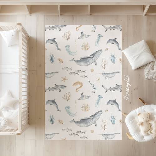 Watercolor Ocean Animals Nursery Rug, Kids Area Rug, Washable Non Slip Soft Rug, Play Rug, Boys Rug