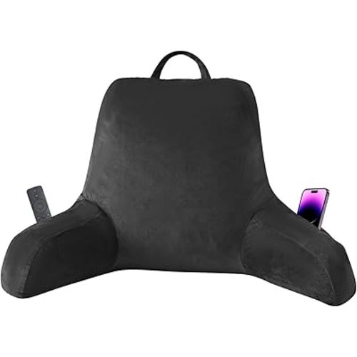 Reading Pillow with Arms for Adult, Back Pillow for Bed Sitting Up, Shredded Memory Foam Backrest Pillow with Pockets & Removable Washable Cover, Lounging, Watching TV, Reading(20" Black)