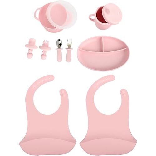 Positive Pieces Silicone Baby Feeding Set: Utensils, Bowls, Plate & Sippy Cup for 6-Month Old Babies|Baby Led Weaning Supplies|Baby Feeding Essentials|Baby Plates and Bowls Set.