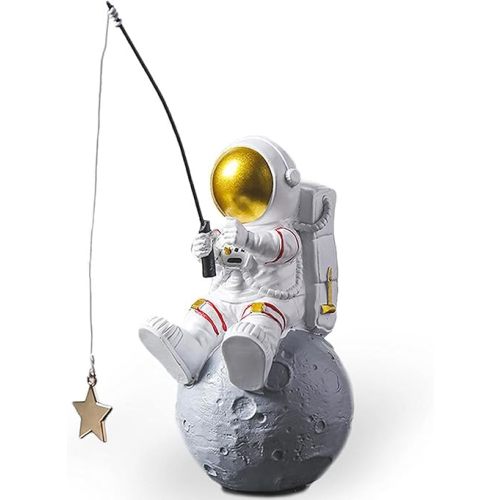Astronaut Figurine Statue, Astronaut Fishing Star Figure Sculpture for Desktop & Tabletop Decor, Resin Spaceman Planet Desk Ornament for Outer Space Themed Bedroom Decor, Cake Topper Decoration Model
